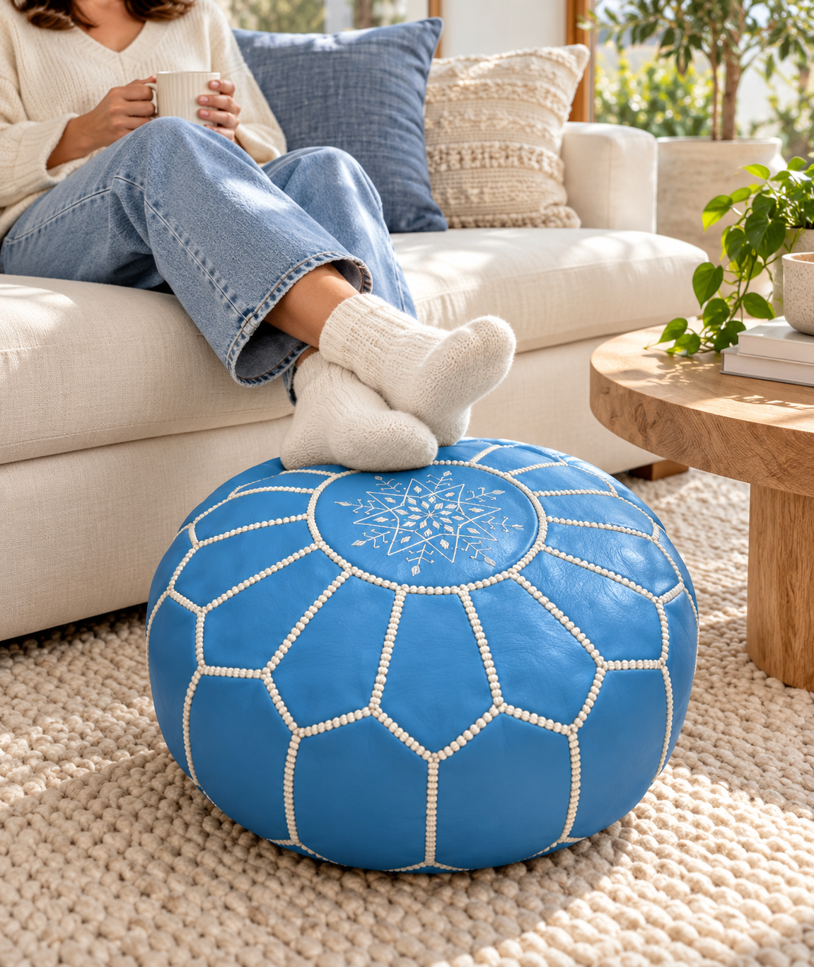 Person resting socked feet on a sky blue Moroccan leather pouf