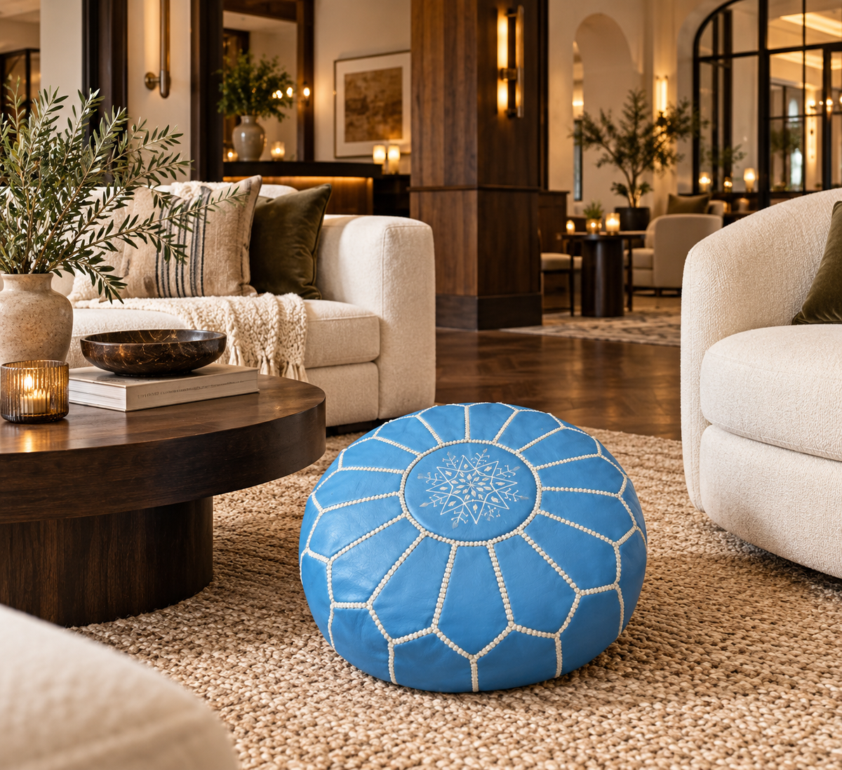 Sky blue Moroccan leather pouf in a luxury Melbourne hotel lounge
