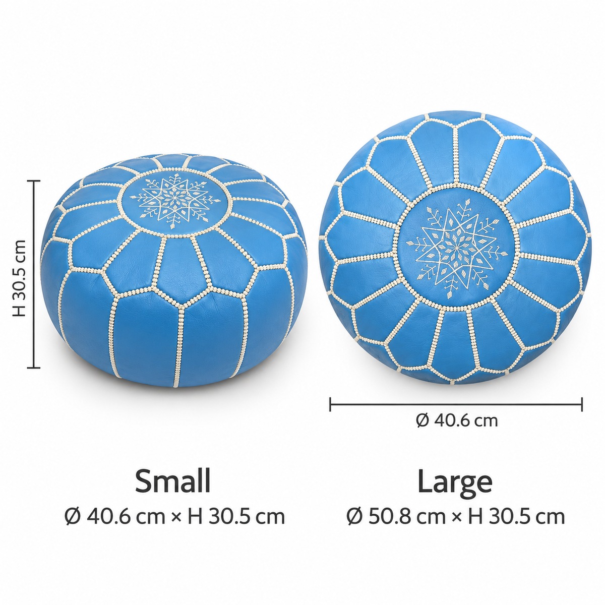 Sky blue Moroccan pouf size guide for small and large options