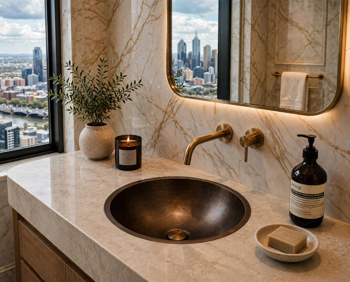 40cm solid bronze undermount basin in a modern luxury bathroom – Sahara Collection