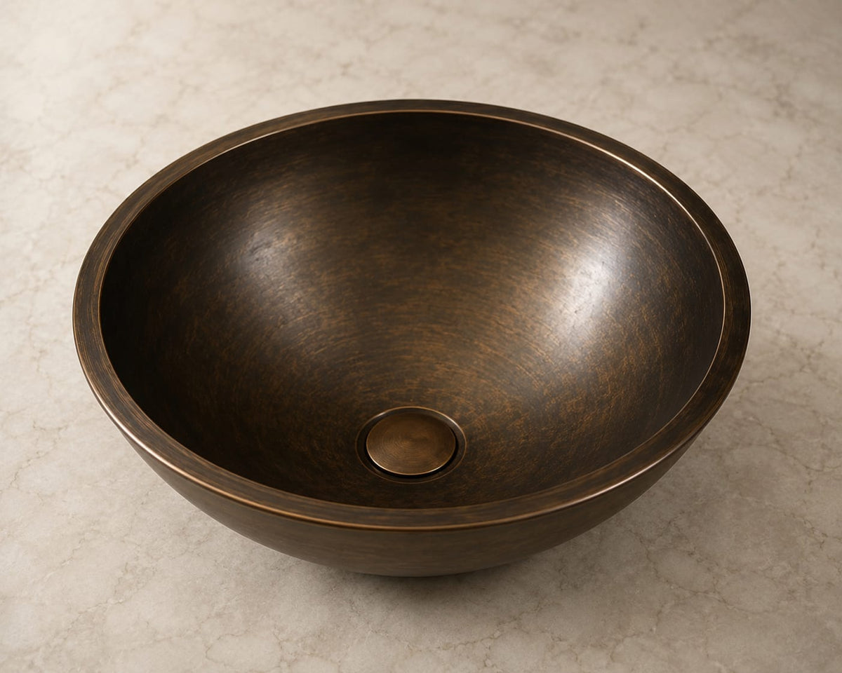 Handcrafted 40cm solid bronze undermount basin with aged patina – Sahara Collection Australia