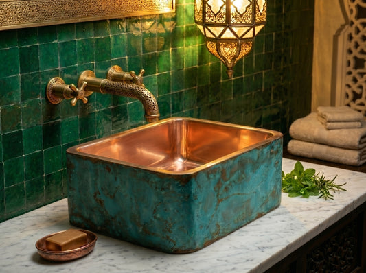 Two-Tone Rectangular Copper Vessel Sink – Verdigris Patina Exterior & Rose Copper Basin | Luxury Handcrafted Moroccan Sink