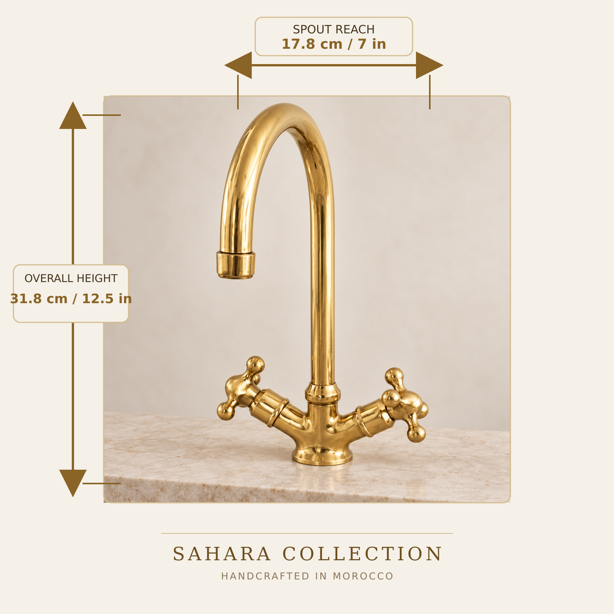 Dimensions of unlacquered brass gooseneck faucet: 31.8 cm high with 17.8 cm spout reach