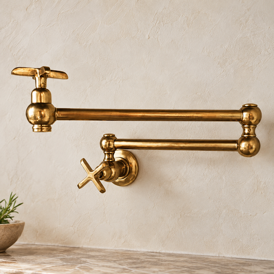 Handcrafted unlacquered brass wall mounted pot filler tap