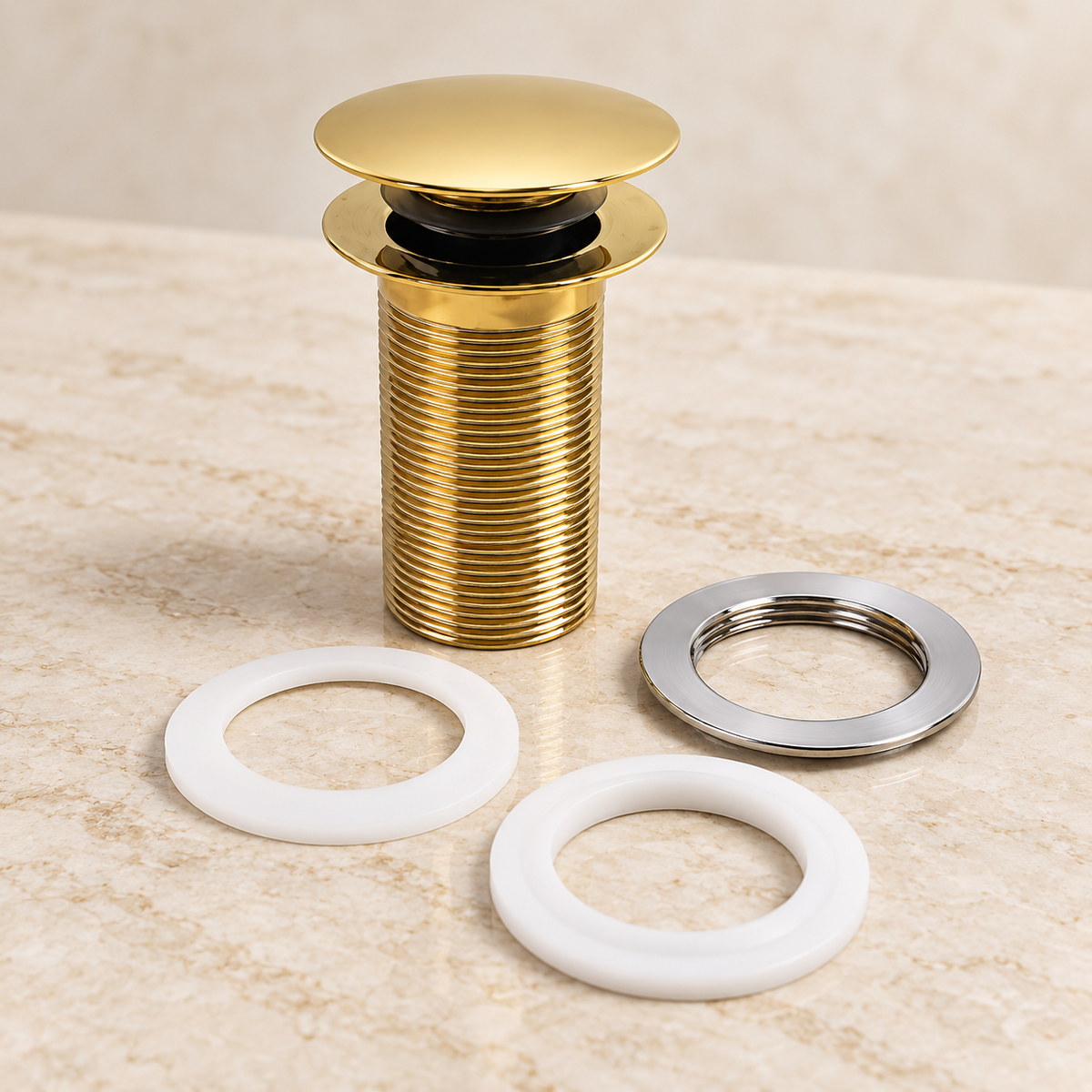 Unlacquered brass push-up basin drain with sealing components