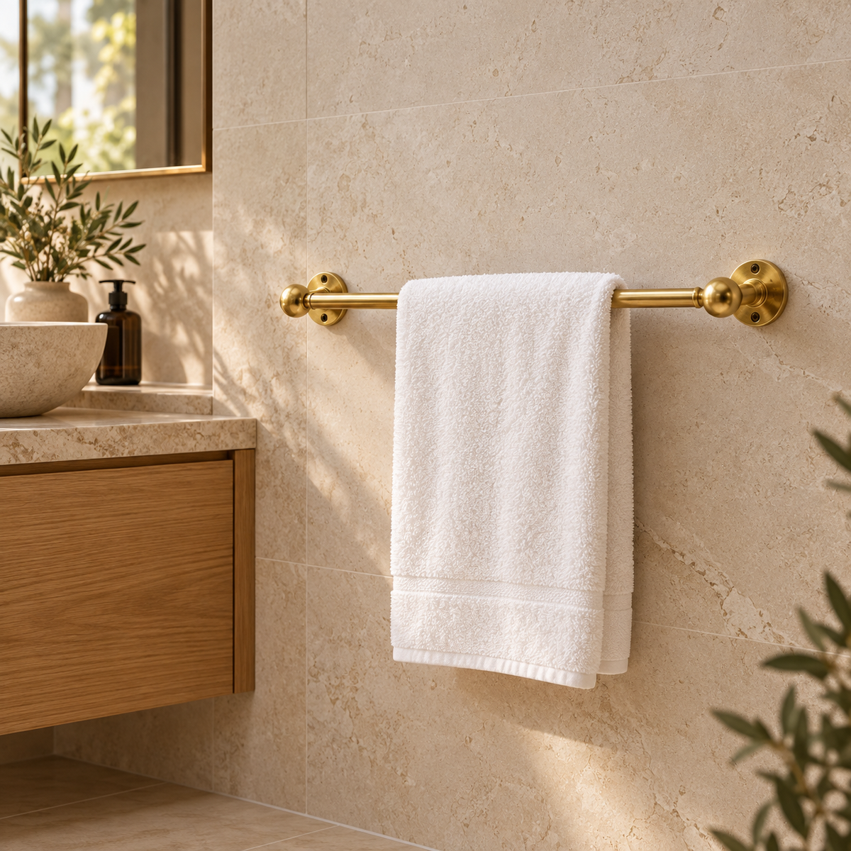 Unlacquered brass towel bar installed in a luxury Australian bathroom
