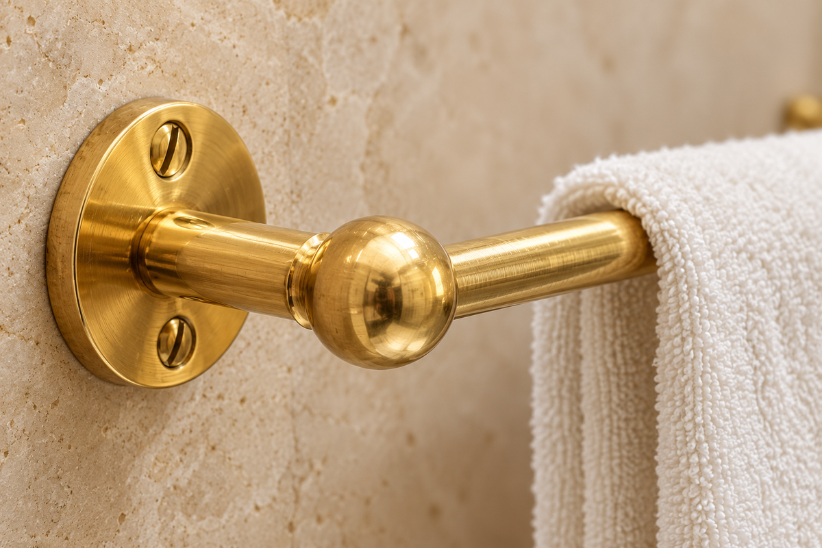 Close-up of solid unlacquered brass towel bar wall plate and ball detail
