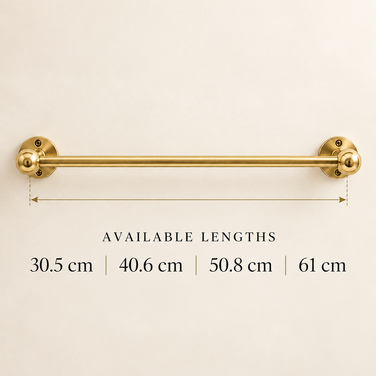 Available brass towel bar lengths 30.5, 40.6, 50.8 and 61 centimetres