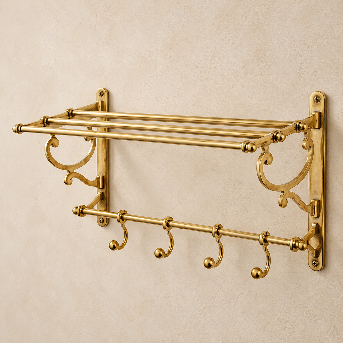 Handcrafted unlacquered brass towel rack with shelf and four hooks