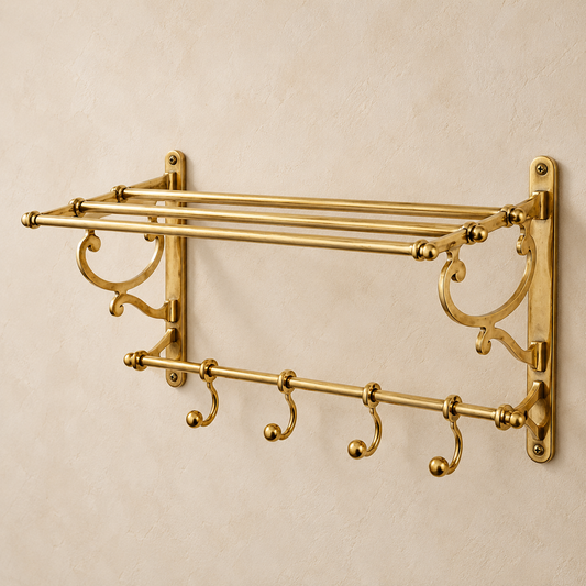 Handcrafted unlacquered brass towel rack with shelf and four hooks