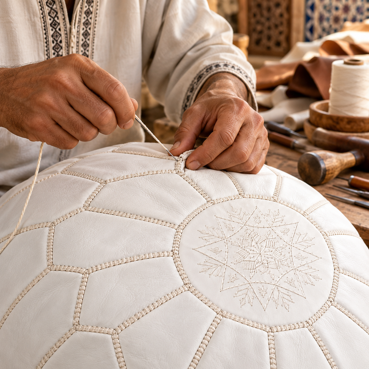 Moroccan artisan hand-stitching a white leather pouf in a Marrakech workshop