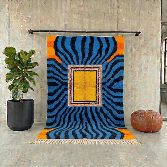 Solar Radiance Berber Rug | Handmade Moroccan Wool Rug | Blue & Gold Geometric Shag Carpet | Custom Sizes Available