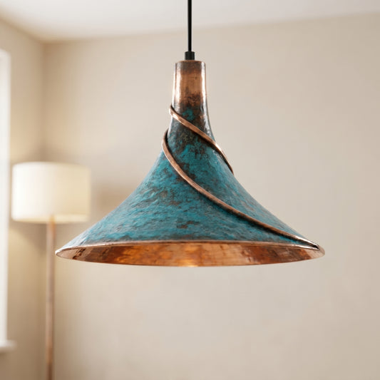 Rustic Kitchen Island Lighting – Handmade Aged Copper Pendant Light | Artisan Farmhouse Swirling Spiral Ceiling Fixture